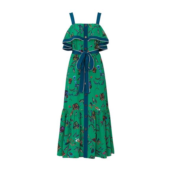 DEREK LAM Green Floral 100% Silk Ruffled Popover Cami Style Midi Dress Size 2 - Picture 3 of 15